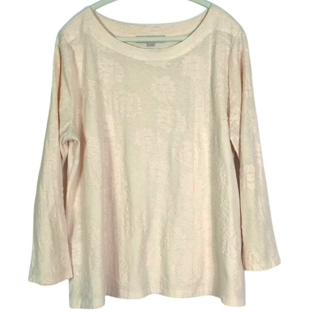 LOFT Pink Textured Knit Top with a Subtle Floral Pattern, XL, Cotton/Polyester